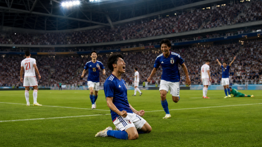 Japanse voetballers vieren een doelpunt tijdens een internationale wedstrijd