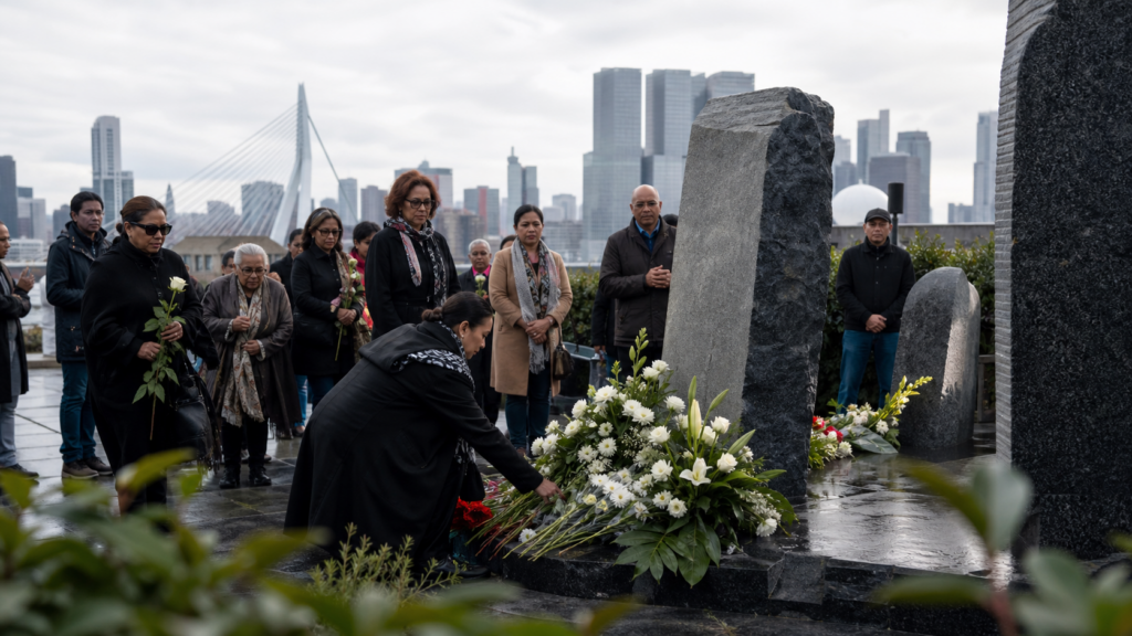 Bloemen worden gelegd bij een Moluks herdenkingsmonument in Rotterdam