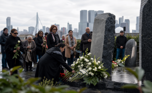 Bloemen worden gelegd bij een Moluks herdenkingsmonument in Rotterdam